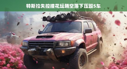 特斯拉失控遇险记，撞花坛腾空落下压毁五车