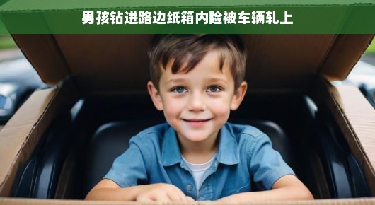男孩钻进路边纸箱内险被车辆轧上